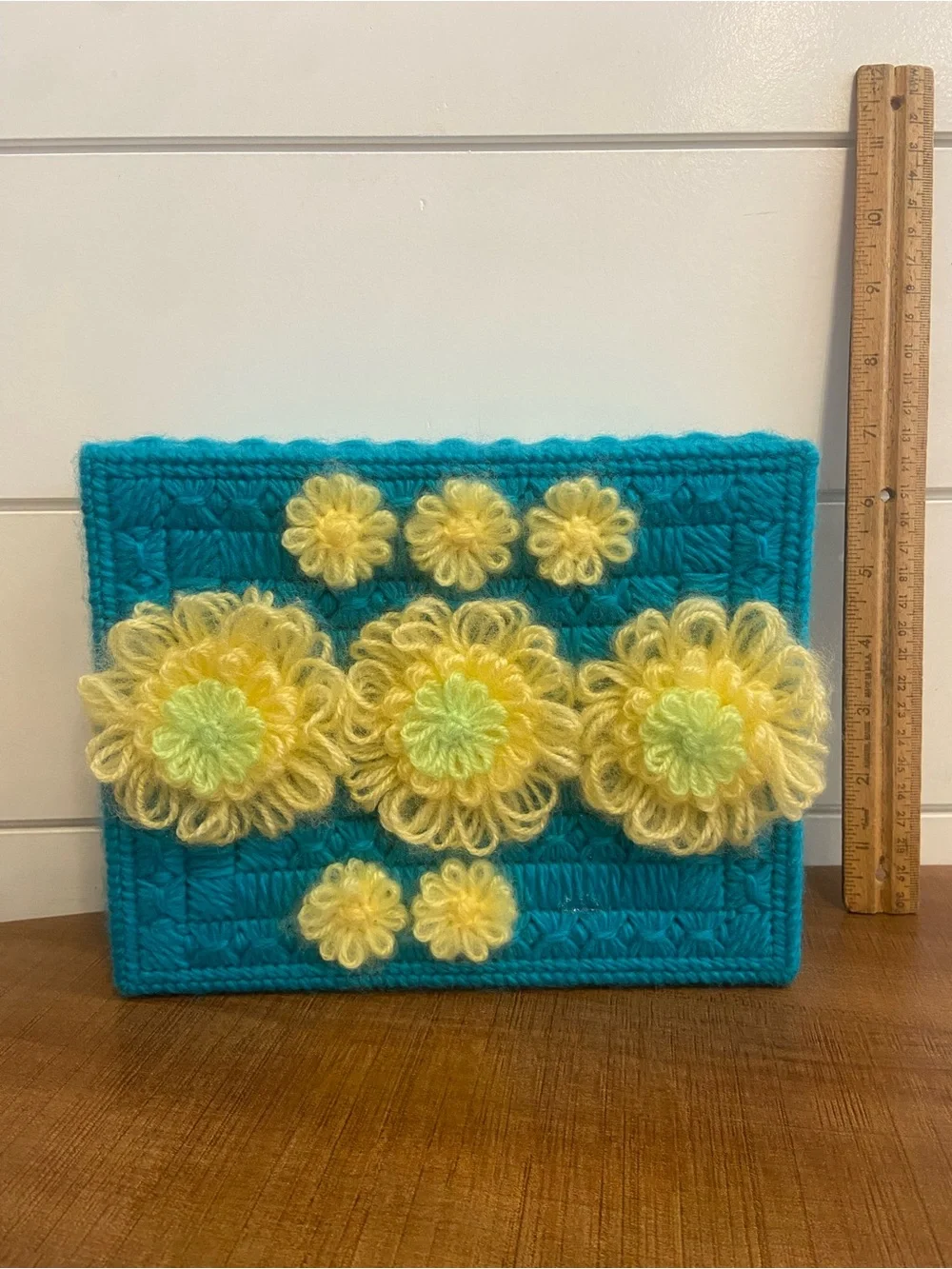 Handcrafted Yarn crocheted box Yellow Floral Accent w/ lid